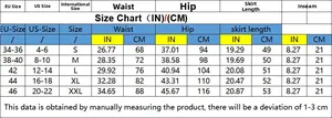 Size chart for women's distressed denim shorts with waist and hip measurements in inches