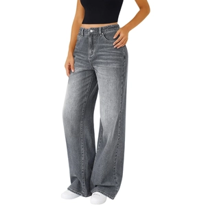 Washed grey high-waisted wide-leg jeans with vintage distressed texture and cat whisker pattern
