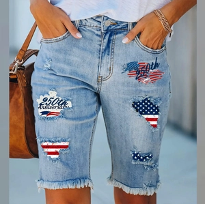 Women Ripped Denim Shorts American Flag Printed Distressed Bermuda Jean Shorts Independence Day Anniversary Celebration Bottoms
