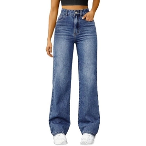 Women's vintage washed blue wide leg denim jeans with high waist and straight cut fit