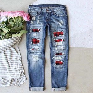 Jeans en Denim Déchiré pour Femmes Avec Empiècements à Carreaux Rouges Décontracté Coupe Droite Pantalon Harem Streetwear