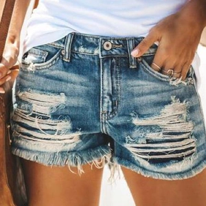 Pantaloncini di Jeans Distressed Casual da Donna Strappati Vita Media Orlo Sfilacciato Moda Estiva Pantaloncini di Jeans Blu Retrò per Uso Quotidiano