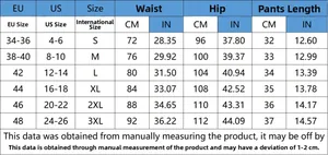 Size chart for women print denim shorts with EU and US conversions for S-3XL sizes