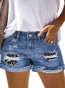 Women's Ripped Denim Shorts With Leopard Print Patchwork Mid Waist Frayed Hem Distressed Jean Shorts Streetwear Fashion