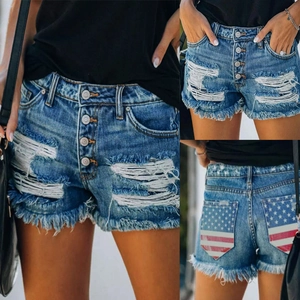 Damen Zerrissene Jeans Shorts Hohe Taille Distressed Raw Hem Sommer Lässig US Flagge Sternenstreifen Druck Jeans Shorts