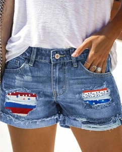 Women American Flag Patchwork Distressed Denim Shorts Mid Waist Ripped Washed Frayed Hem Summer Casual Jean Shorts