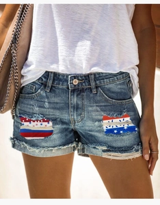 Women American Flag Print Denim Shorts Ripped Distressed Raw Hem Mid Waist Cotton Casual Summer Independence Day Shorts