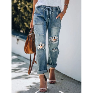 Women Distressed Ripped Denim Jeans Snowman Pattern Drawstring Elastic Waist Straight Leg Streetwear Christmas Holiday Trousers