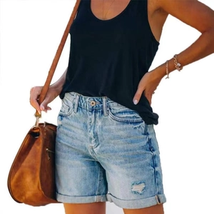 Women's light blue distressed denim shorts with rolled hems and ripped details