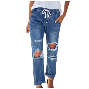 Women's blue ripped straight leg jeans with drawstring high waist and frayed denim style