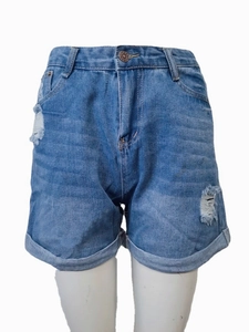 High-waist light blue denim shorts with distressed ripped holes and cuffed hems