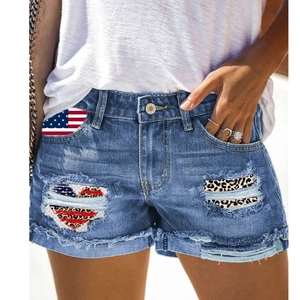 Damen Zerrissene Denim Shorts Leopard Flagge Patchwork Distressed Hohe Taille Ausgefranster Saum Blaue Jeans Mode