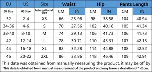 Detailed size chart for distressed flare jeans with EU/US/CM/IN measurements