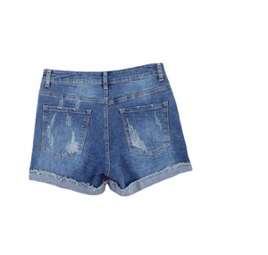 Women's blue denim shorts featuring distressed back pockets and frayed hem in a casual style