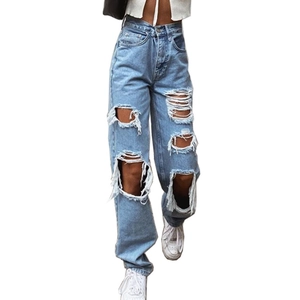 Women's light wash high-waisted distressed straight leg denim jeans with ripped details