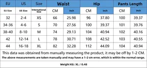 Tabella taglie per jeans a vita alta con misure da XS a XL in centimetri e pollici
