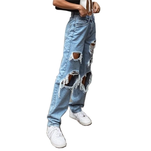 Slim fit light blue distressed jeans for women with high waist and ripped details