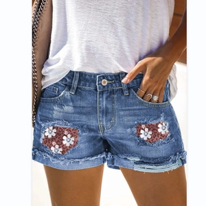 Women Casual Ripped Denim Shorts With Leopard Floral Patchwork Frayed Hem Mid Waist Blue Jean Short Pants Summer Fashion