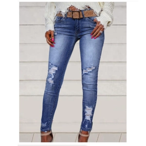 Jeans Décontracté Déchiré pour Femmes Taille Moyenne Haute Élasticité Coupe Slim Denim Lavé Pantalon Crayon Bleu