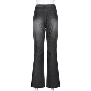 Rear view of high-waisted flared denim jeans in washed dark grey with back pockets