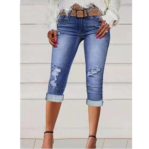 Jean Capri en Denime Déchiré à Taille Haute pour Femme Skinny Distressed Pantalon Crayon Court Avec Ceinture Bleu Clair