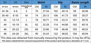 Guide des tailles détaillé pour pantalons denim skinny avec mesures en CM et IN de S à 3XL