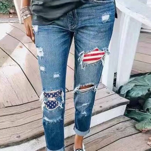 Women Independence Day Ripped Straight Leg Jeans US Flag Patch Denim Pants High Waisted Distressed Streetwear Casual Trousers