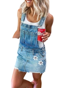 Damen Gänseblümchen Denim Trägerkleid Casual Verstellbare Träger Latzkleid Hohe Taille Ausgefranster Saum Mini Midi Rock