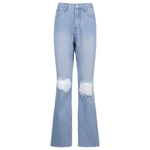 Women high waisted light blue denim flared jeans with ripped knees and whiskers