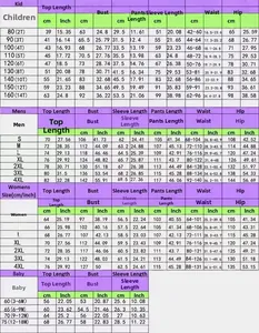 Size chart for Christmas family matching sets including men, women, kids, and baby units