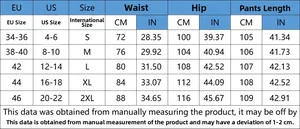 Size chart for women's high waist stretch denim pants in EU, US, and international sizes