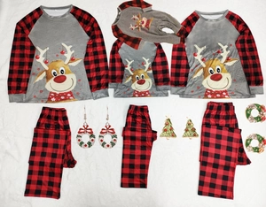 Christmas family pajama set with reindeer print and classic red black plaid long sleeves