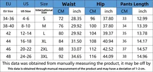 Detailed size chart for high waist denim shorts with EU and US measurement conversions
