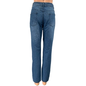 Rear view of dark blue high-waisted denim jeans with dual square back pockets