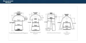 Detailed size measurement guide for T-shirts, dresses, pants, and shirts