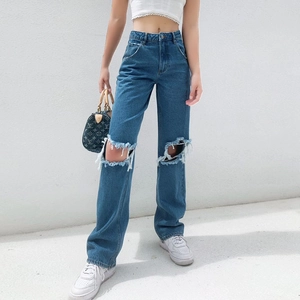 Jeans Large Déchiré à Taille Haute pour Femme Pantalon en Denim Droit Délavé Large Baggy Streetwear Bleu Denim