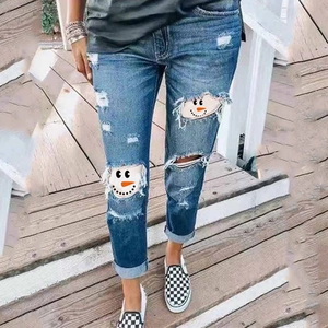 Women's High Waist Ripped Jeans Snowman Print Lining Christmas Holiday Distressed Skinny Denim Pants Stretch Blue Jeans
