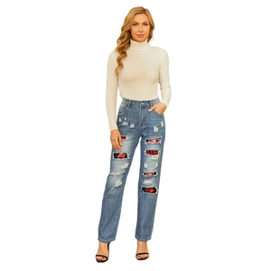 Women's light blue high waist straight leg jeans with 1913 embroidery and distressed details
