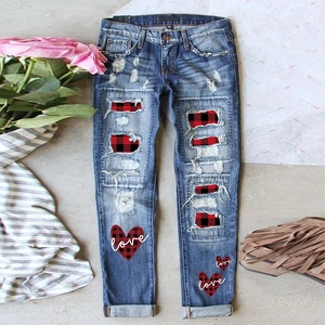 Women's Casual Straight Leg Jeans Distressed Ripped Denim Pants With Heart Plaid Patch Love Print Mid Waist Long Trousers