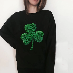 Damen St. Patrick's Day Sweatshirt Baumwollmischung Rundhals Langarm Pullover Kleeblatt Pfotenabdruck Schwarz Casual Top