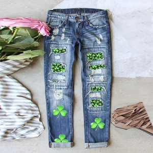 Jeans Femme Coupe Droite Imprimé Trèfle Déchiré Taille Moyenne Vintage Bleu Denim Coton Pantalon Décontracté