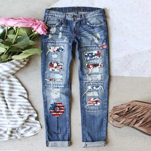 Women High Waist Ripped Denim Jeans Distressed American Flag Patch Pants Butterfly Sunflower Print Straight Leg Trousers