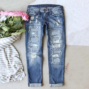 Jeans Déchirés pour Femmes Vintage Bleu Clair Jambe Droite Pantalon en Denim Streetwear Taille Moyenne Décontracté Long