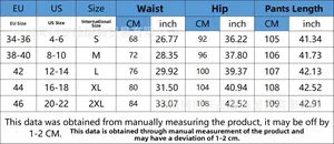 Size chart for slim fit flared jeans with measurements from S to 2XL in cm and inches