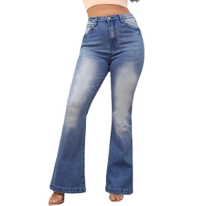 Women's high waist flared jeans in dark blue wash denim with slim fit and elastic stretch