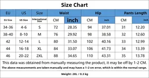 Detailed size chart for women's denim shorts showing EU, US, waist, and hip measurements