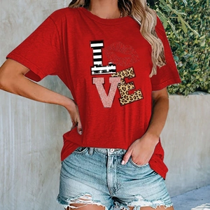 T-Shirt Décontracté en Mélange de Coton pour Femmes Imprimé Lettres LOVE Manches Courtes Col Rond Top Ample