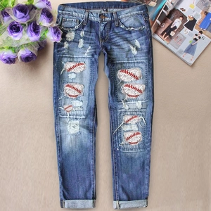 Women Casual Ripped Straight Jeans With Baseball Sequin Patch Distressed Mid Waist Washed Denim Long Pants Streetwear