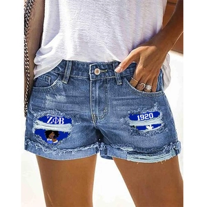 Women Casual Distressed Denim Shorts Washed Straight Leg Mid Waist Blue Jean Shorts With Greek Letter Pattern Dove Detail