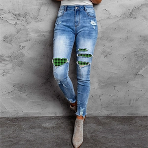 Women High Waist Ripped Jeans Distressed Light Blue Denim Pants Green Plaid Patch Slim Fit Raw Hem Casual Streetwear